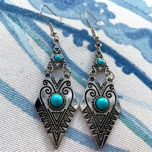 Turquoise Diamond Silvertone long drop earrings gift wife mom girlfriend new